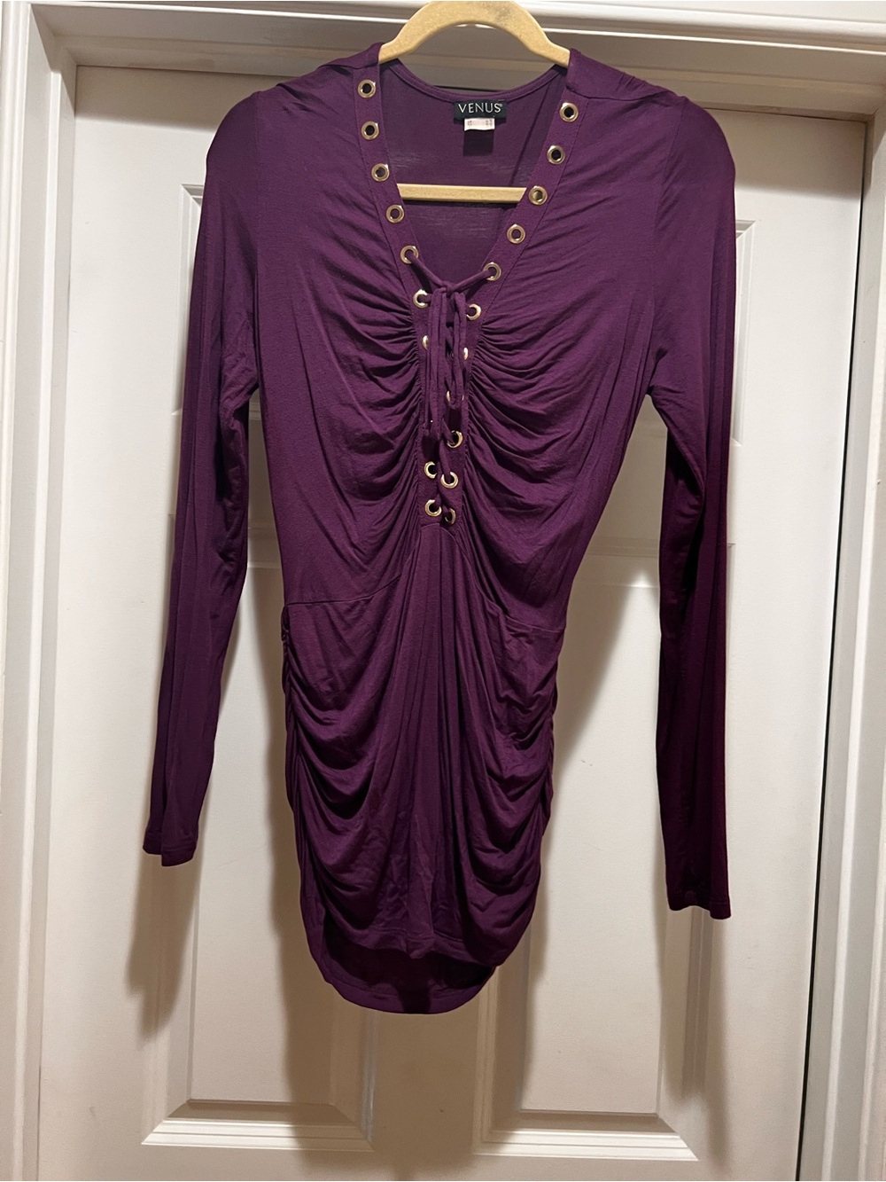 VENUS Plum Lace-Up Ruched Long Sleeve Top
